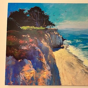Beautiful coastal landscape artwork of Corona Del Mar cliffs and beach.
