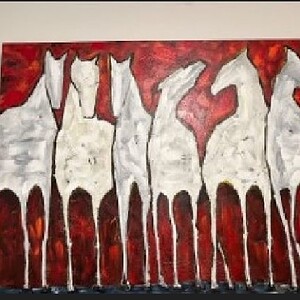 Elegant abstract painting of seven horses with flowing white forms on a vibrant red background.