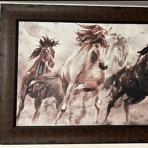 Artistic depiction of four mystical horses in motion, titled "24"x36" Drifting Mystical Horses".