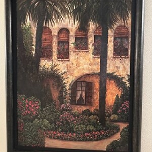 Painted Italian villa scene with lush garden and palm trees. Perfect for Tuscany-inspired home decor.