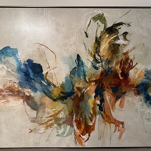 Abstract painting titled "Spirit Molecule Collision" with vibrant colors and dynamic brushstrokes.