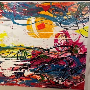 Vibrant 72"x46" abstract artwork featuring splatters and bold strokes, perfect for modern interior d.