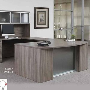 Space Walnut CEO desk with glass accents in 6 finishes, modern office furniture.