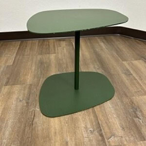 Green metal accent table with oval top and base, modern design.