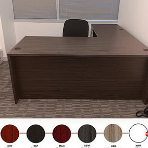 Shaped office desk with pedestal in Mahogany finish.