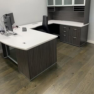 Modern Slate Grey 6x9 U-shaped office desk with white accents and hutch storage.