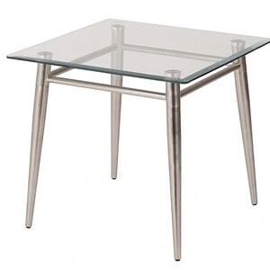 Brooklyn clear tempered glass end table with sleek metal legs, perfect for contemporary home decor.