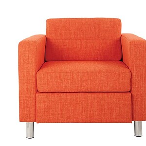 Pacific Arm Chair in Fabric - Modern orange upholstered armchair with sleek metal legs.