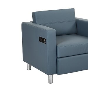 Modern Atlantic armchair in blue with sleek design and metal legs.