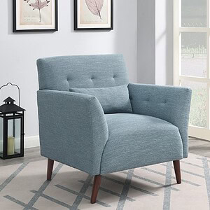 Accent chair with soft blue upholstery and wooden legs, perfect for stylish living room seating.