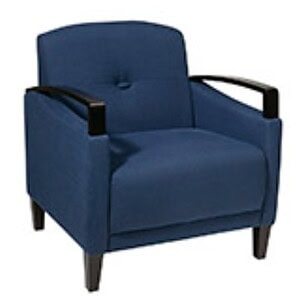Comfortable blue lounge chair with wooden armrests, ideal for waiting rooms and reception areas.