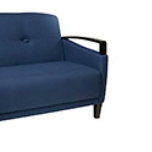 Loveseat sofa with navy blue upholstery and black wooden armrests.