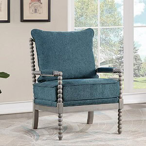 Abbott Spindle Chair - stylish blue upholstered armchair with spindle legs and armrests. Perfect for.