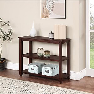 Stylish wooden Lane console table with storage shelves in a contemporary living space.
