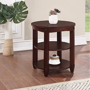 End table with round top and lower shelf in dark wood, perfect for living room or bedroom decor.