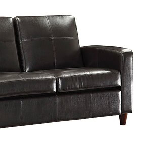 Elegant black bonded leather loveseat with plush cushions and wooden legs.