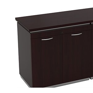 Credenza with four doors, dark wood finish, ideal for office or home storage.