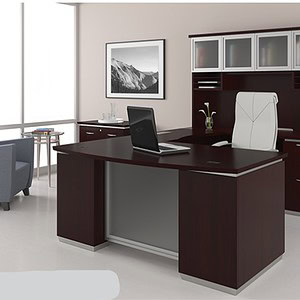 Shape Office Desk with Bridge and Hutch in Tuxedo finish.