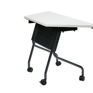 Shaped table with casters, 46.5x20.5x29.5 inches, ideal for versatile workspace setups.