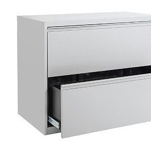 Lateral file cabinet with 2 drawers, available in three finishes, ideal for office storage solutions.