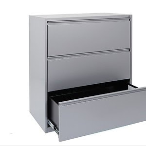 Lateral file cabinet with three drawers in modern finishes.