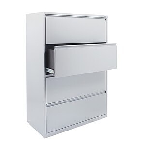 Capacity 36-inch lateral file with four drawers in three finishes for office storage.