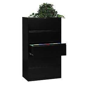 Capacity 36-inch wide 5 drawer lateral file for office storage. Durable black metal design with spac.