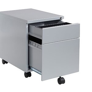 OFS Grey mobile file pedestal with lockable drawers, ideal for office storage and organization.