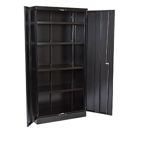 Black high storage cabinet with adjustable shelves for versatile storage solutions.