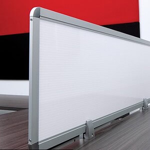 Privacy screen with silver brackets for office or outdoor use. Enhances privacy and reduces distract.