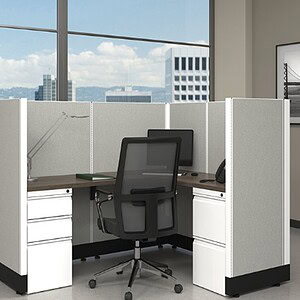 Shaped Office Desk with Storage, 5x6 feet, ideal for modern workspaces.