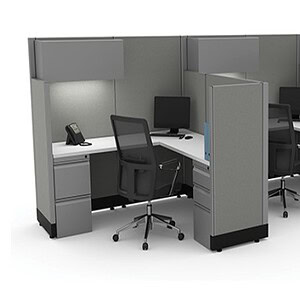 Shaped workstations with privacy panels, ideal for collaborative workspaces. Perfect for modern offi.