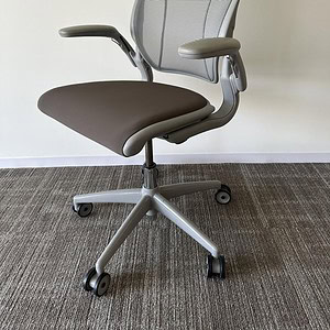 Humanscale Diffrient World ergonomic office chair in loaded grey, designed for comfort and support.