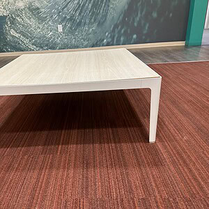 Modern natural wood table, 3x3ft, 14-inch height, ideal for office or conference rooms.