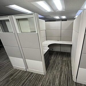 Modern 5x5x70 open glass Herman Miller Ethospace cubicles for office privacy.