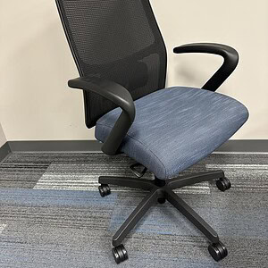Ergonomic office chair with blue mesh back and adjustable armrests for comfort.