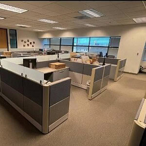 Modern office cubicles with frameless glass Ethospace partitions in a professional workspace.