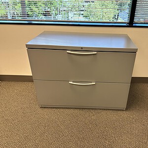 Haworth 36-inch wide grey lateral file for office storage.