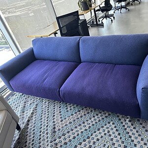 Purple and blue suede commercial sofa for modern office or lounge spaces.