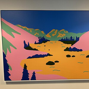 Vibrant pop art depiction of a mountain valley with a river, inspired by Cube World USA's artistic s.