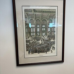 Framed vintage print of the Chicago Exchange building interior, showcasing historic architecture.