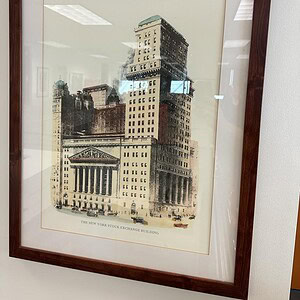Framed art of the New York Stock Exchange building, vintage 20th century.