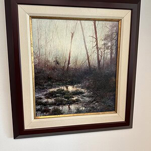 Framed nature trail scene artwork for office decor, showcasing a serene woodland landscape with tree.