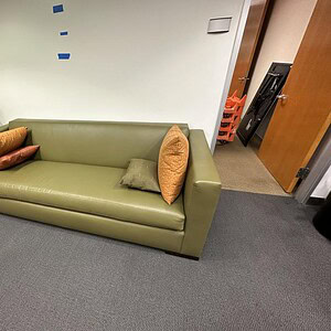 Olive green leather sofa with matching pillows, ideal for modern living rooms.