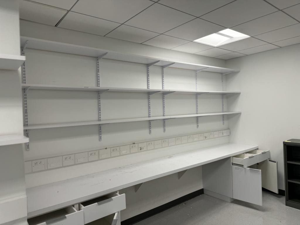 Wall mounted white overhead desk shelves