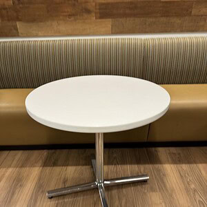Herman Miller chrome round table, 30 inches, white finish, modern office furniture.