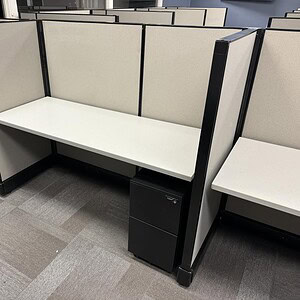 Herman Miller A02 5x2 office cubicle with pedestal, 53-inch height, beige fabric panels.