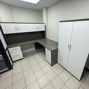 OFS 6x6 Hutch Executive Desk with storage cabinet, ideal for modern office setups.