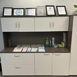 Credenza Hutch with Driftwood-White Finish, 6ft wide, 2ft deep, modern office storage.