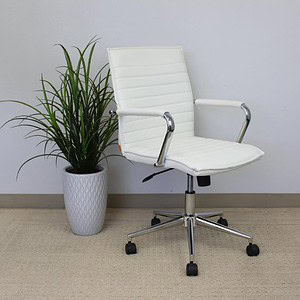 Modern Eames-inspired white office chair with black and grey accents, chrome details.